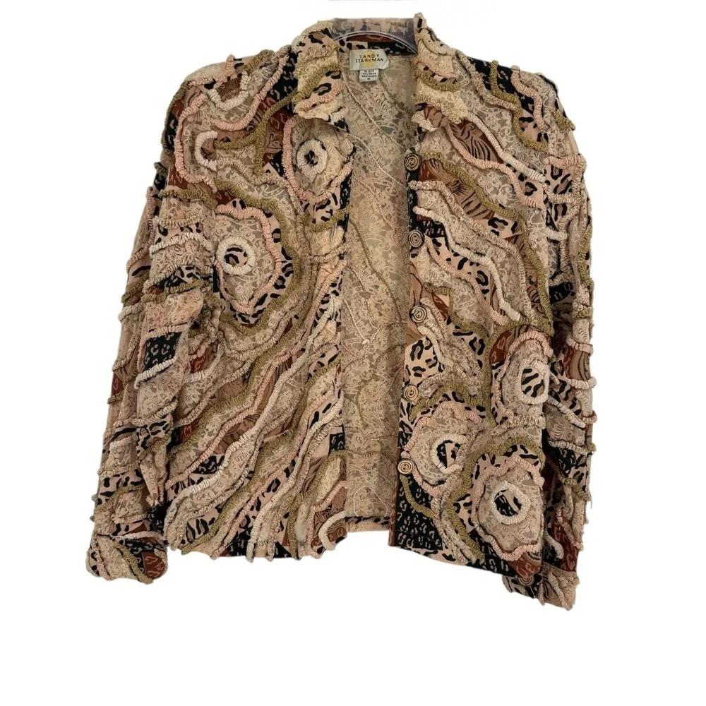 Sandy Starkman Women's Chenille Trim Jacket Button Close Size M Animal Print - Picture 1 of 9